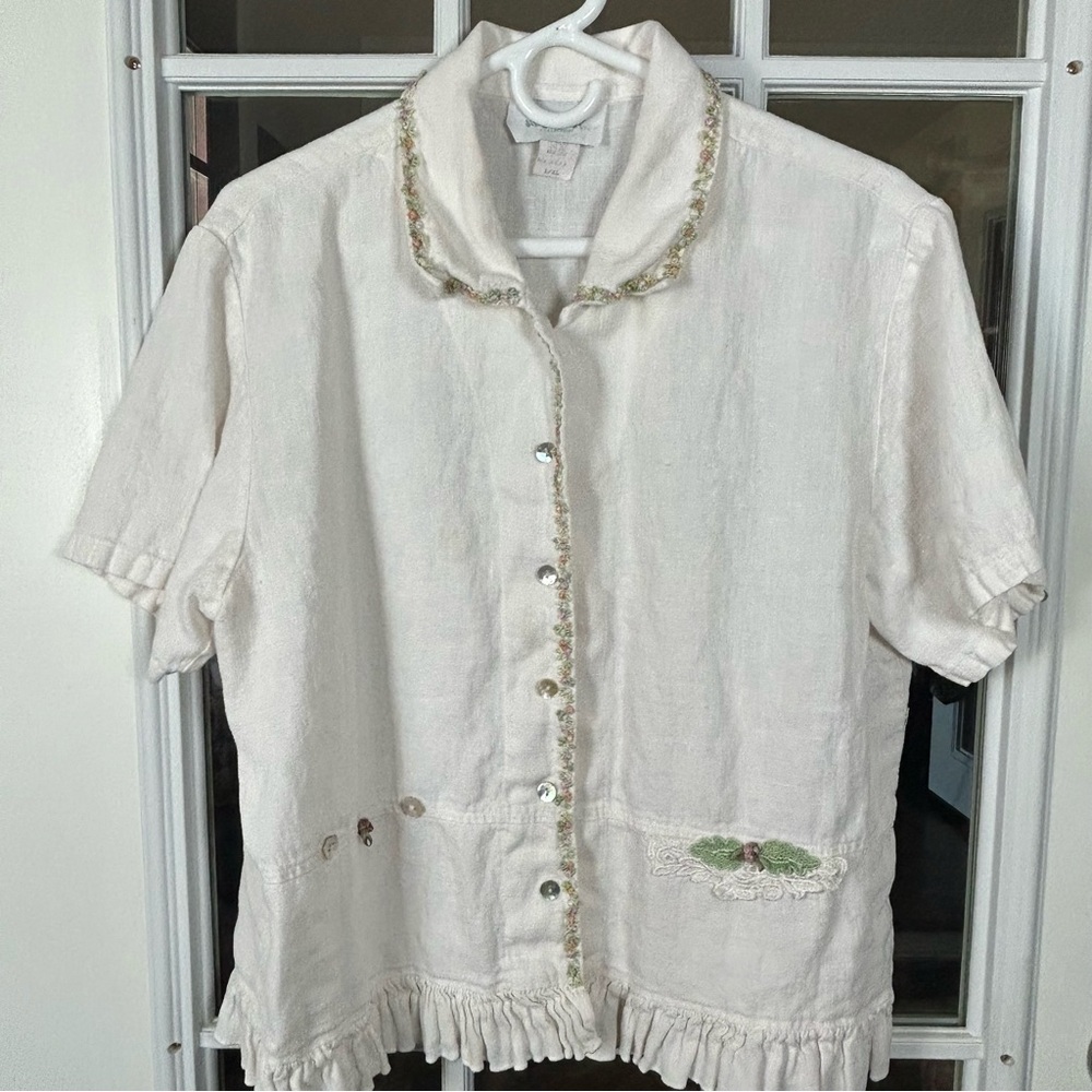 Vintage Petal Bay Embroidered Linen Blend Shirt Ruffles Size L/XL